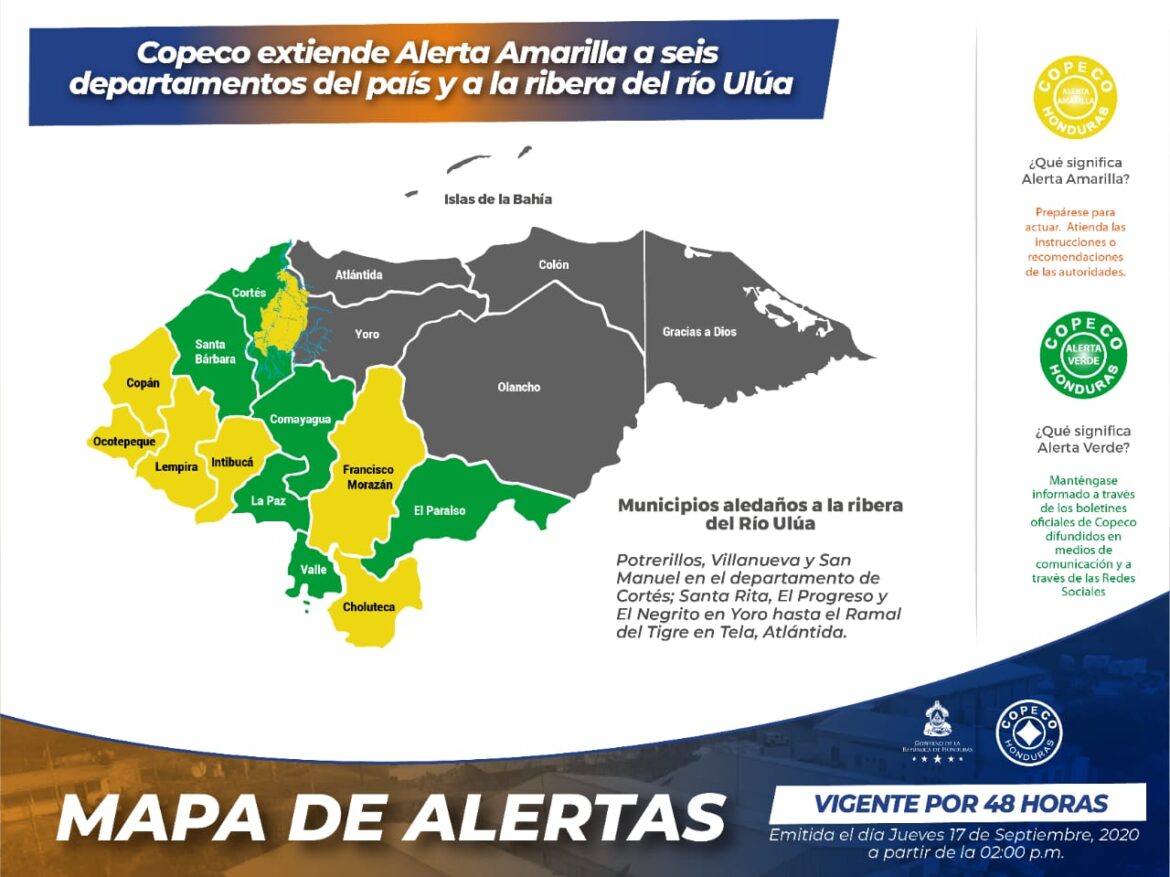 Copeco extiende Alerta Amarilla a seis departamentos del país y a la ribera del río Ulúa