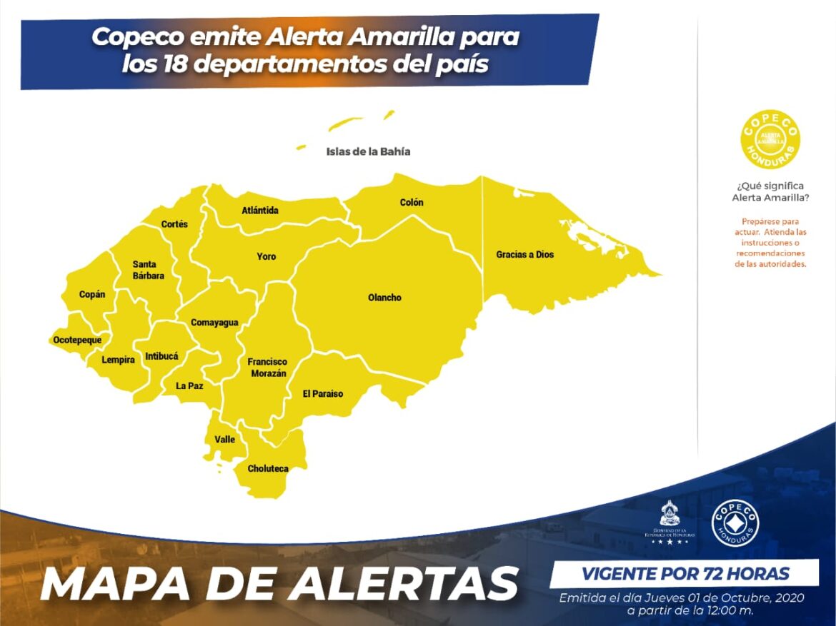 Copeco emite Alerta Amarilla para los 18 departamentos del país