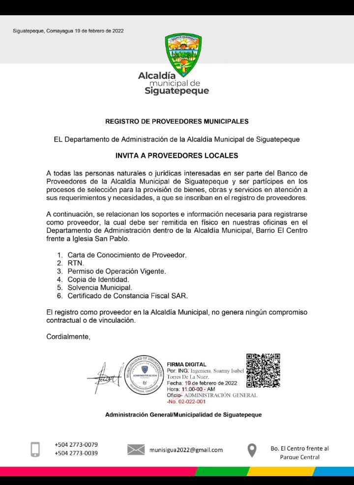 Municipalidad de Siguatepeque invita a proveedores locales para formar parte del Banco de Proveedores
