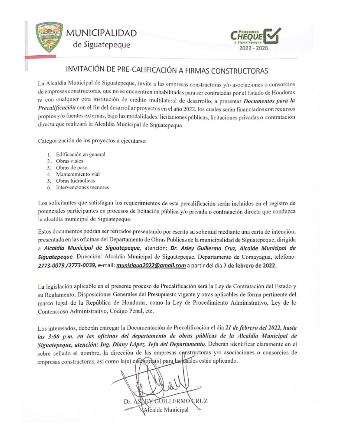 Alcaldía de Siguatepeque invita a pre- calificación a firmas constructoras