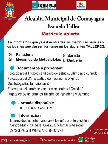 Alcaldía de Comayagua tiene abiertas las matrículas para ingresar a la Escuela Taller